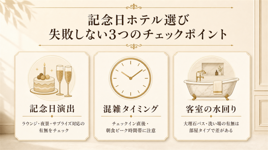 記念日ホテル選びで失敗しない3つのチェックポイントの比較図解