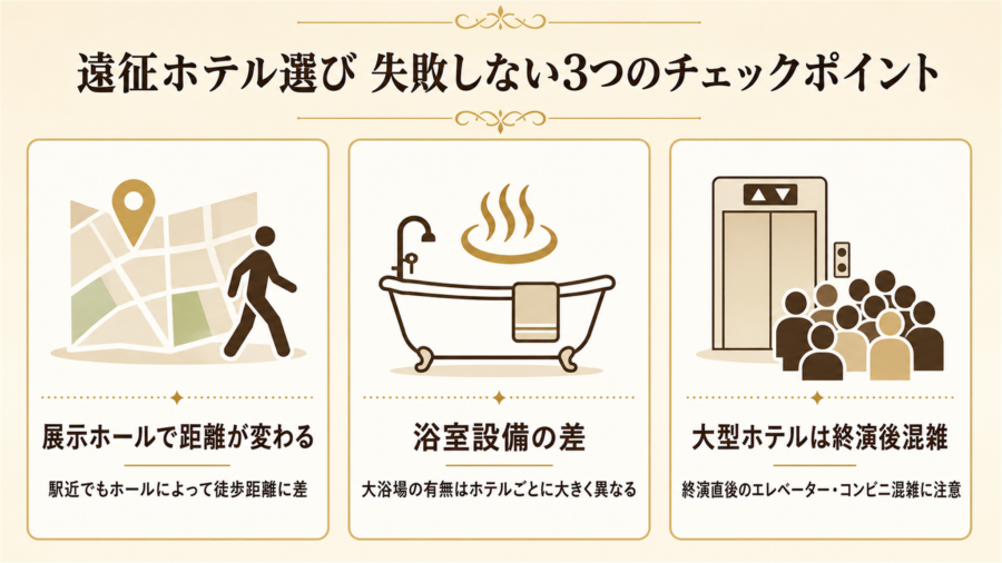 幕張メッセ遠征ホテル選びで失敗しない3つのチェックポイントの比較図解