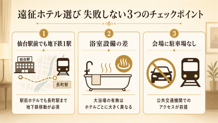 ゼビオアリーナ仙台遠征ホテル選びで失敗しない3つのチェックポイントの比較図解
