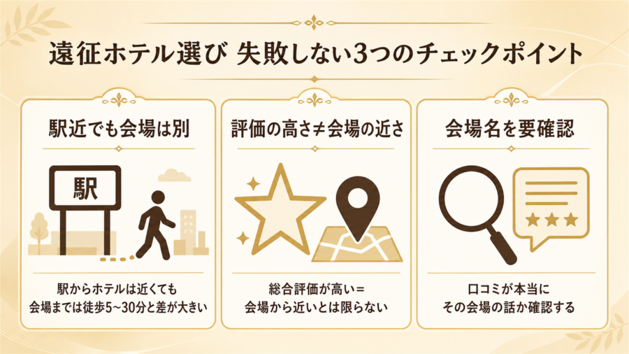 有明アリーナ遠征ホテル選びで失敗しない3つのチェックポイントの比較図解