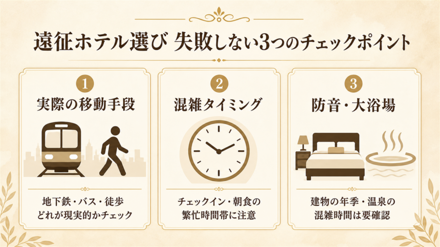 PayPayドーム福岡遠征ホテル選びで失敗しない3つのチェックポイントの比較図解