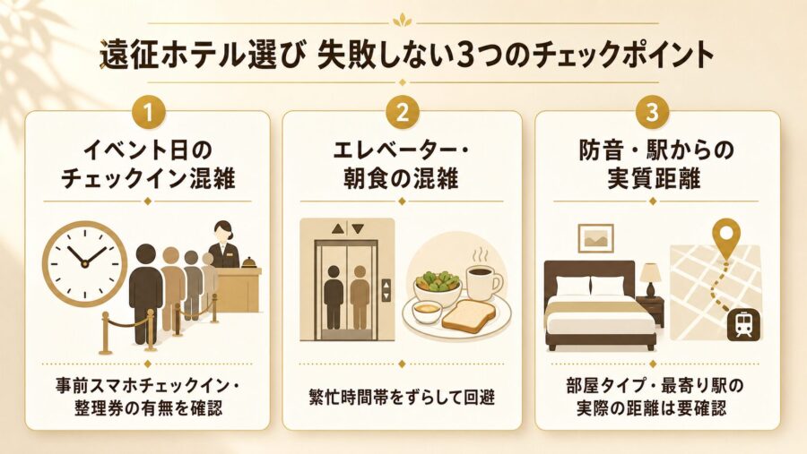 東京ドーム遠征ホテル選びで失敗しない3つのチェックポイントの比較図解