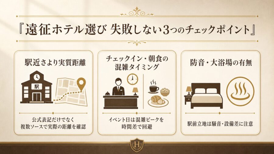 横浜アリーナ遠征ホテル選びで失敗しない3つのチェックポイントの比較図解