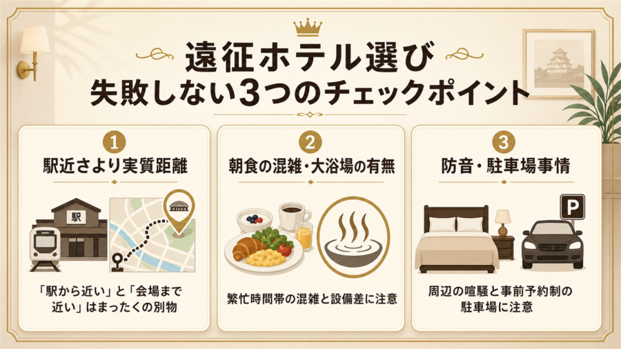 大阪城ホール遠征ホテル選びで失敗しない3つのチェックポイントの比較図解