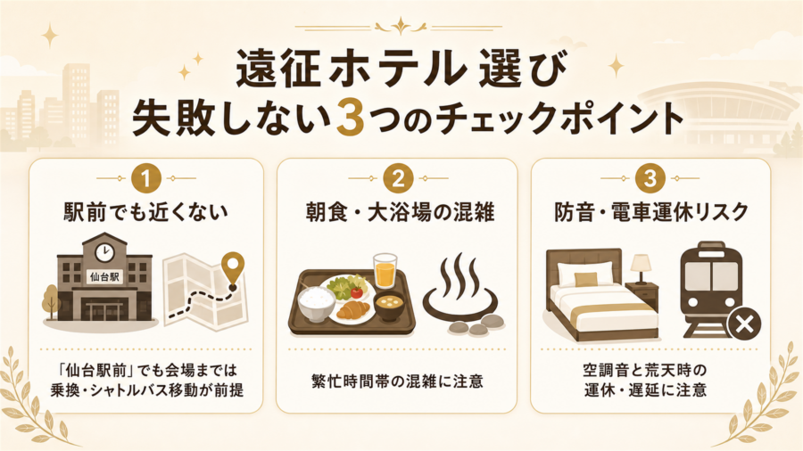 セキスイハイムスーパーアリーナ遠征ホテル選びで失敗しない3つのチェックポイントの比較図解