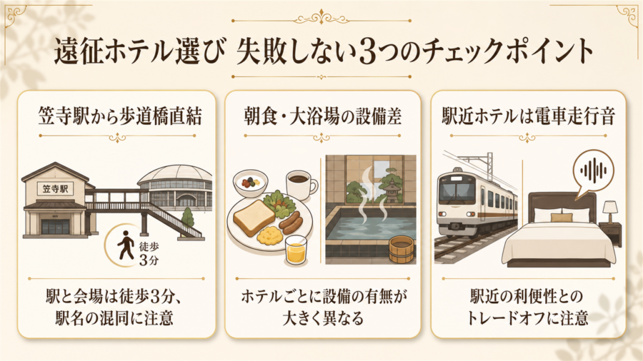 日本ガイシホール遠征ホテル選びで失敗しない3つのチェックポイントの比較図解