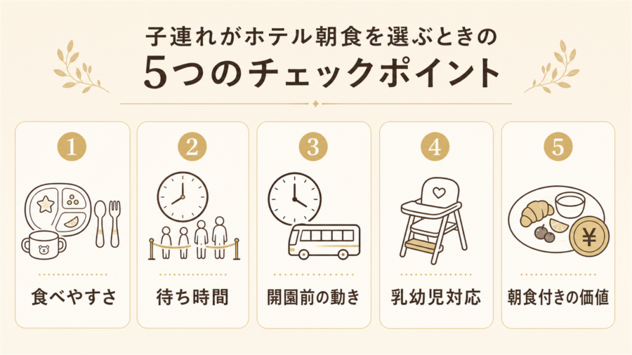 子連れが朝食で見るべき5つのチェックポイントの図解