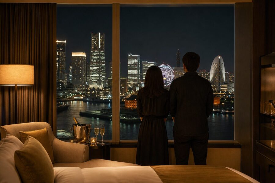 ライブ遠征の余韻に浸る、みなとみらいの夜景を望む客室の上品なイメージ