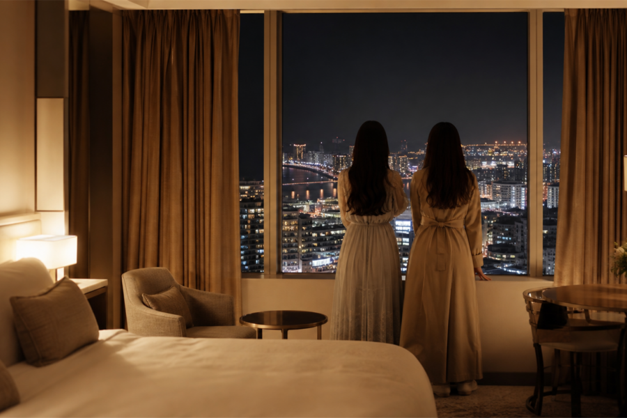 ライブ遠征の余韻に浸る、博多の夜景を望む客室の上品なイメージ