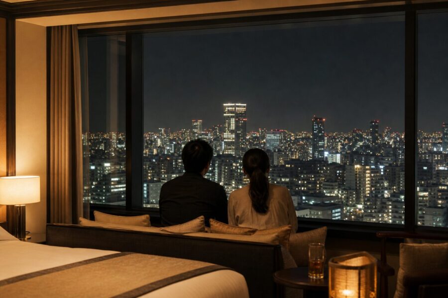 ライブ遠征の余韻に浸る、大阪の夜景を望む客室の上品なイメージ