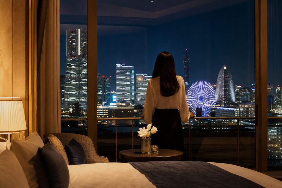 ライブ遠征の余韻に浸る、みなとみらいの夜景を望む客室の上品なイメージ