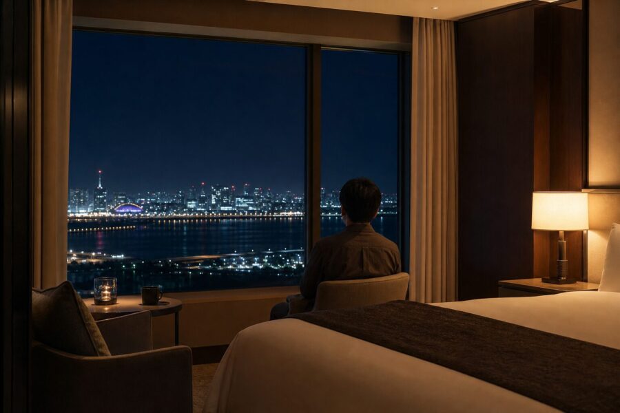 ライブ遠征の余韻に浸る、海浜幕張の夜景を望む客室の上品なイメージ