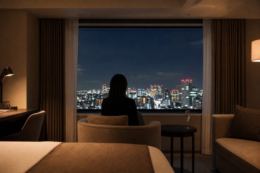 ライブ遠征の余韻に浸る、仙台の夜景を望む客室の上品なイメージ