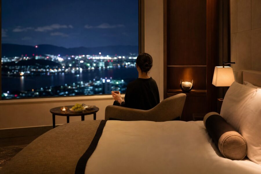 ライブ遠征の余韻に浸る、広島の夜景を望む客室の上品なイメージ