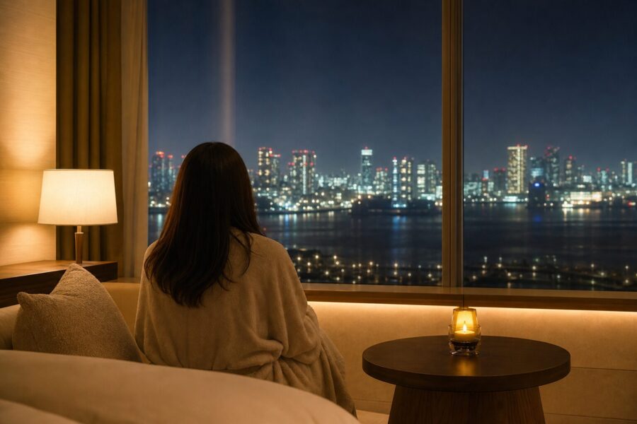 ライブ遠征の余韻に浸る、東京湾岸の夜景を望む客室の上品なイメージ