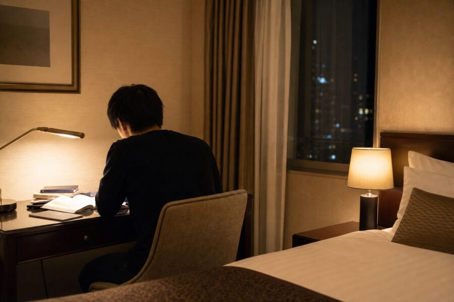 試験前夜、静かな客室で最後の見直しをする落ち着いた雰囲気のイメージ