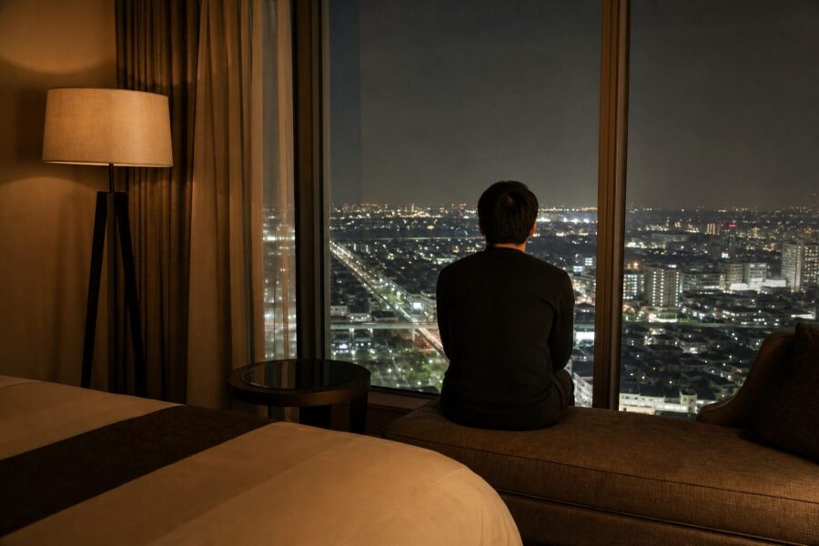 ライブ遠征の余韻に浸る、新横浜の夜景を望む客室の上品なイメージ