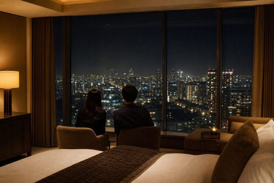 ライブ遠征の余韻に浸る、都心の夜景を望む客室の上品なイメージ