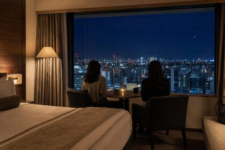 ライブ遠征の余韻に浸る、仙台の夜景を望む客室の上品なイメージ
