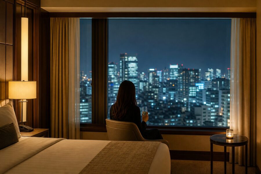 ライブ遠征の余韻に浸る、東京都心の夜景を望む客室の上品なイメージ