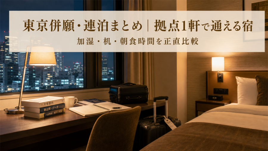 東京併願・連泊まとめ｜複数大学へ拠点1軒で通える宿｜加湿・机・朝食時間で選ぶ後悔しないホテル選び方＆予約デッドライン