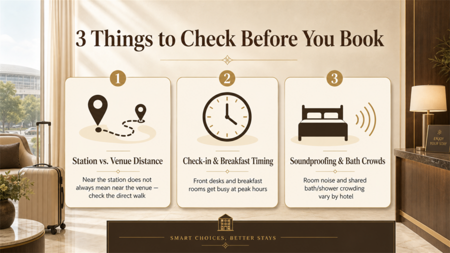 Infographic: 3 things to check before booking a hotel for Nippon Gaishi Hall (Croco-kun Hall)