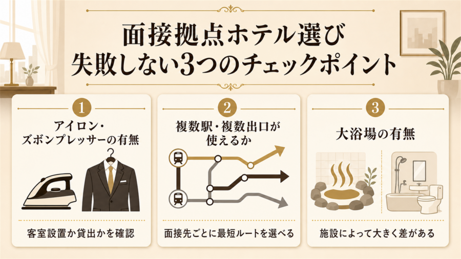 面接ラッシュ拠点のホテル選びで失敗しない3つのチェックポイントの比較図解