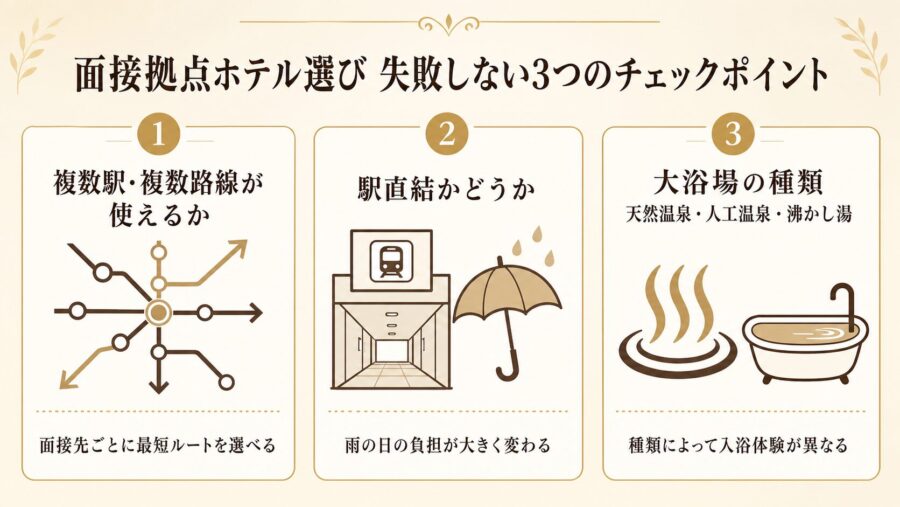 淀屋橋・本町・梅田エリアの面接拠点選びで失敗しない3つのチェックポイントの比較図解