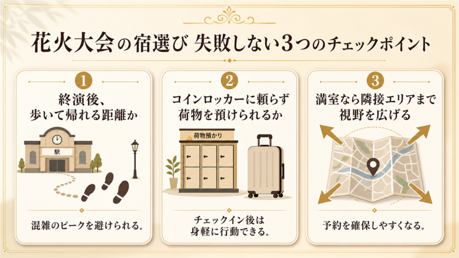 土浦花火大会の宿選びで失敗しない3つのチェックポイントの比較図解