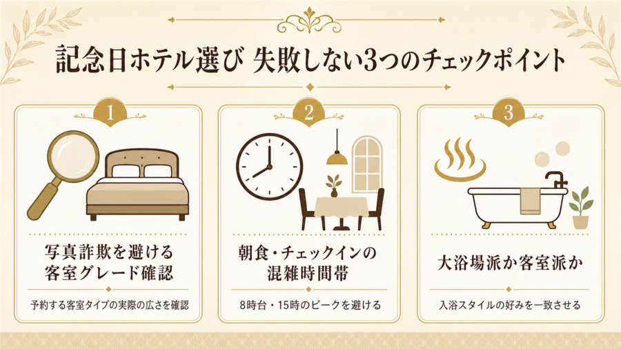 お詫び旅行・記念日リベンジで失敗しない3つのチェックポイントの比較図解