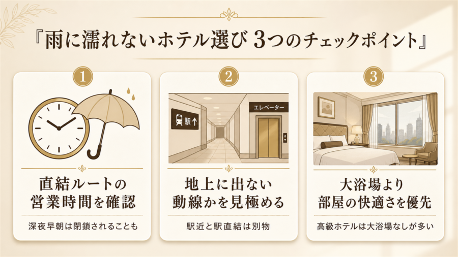 雨天時のホテル選びで失敗しない3つのチェックポイントの比較図解