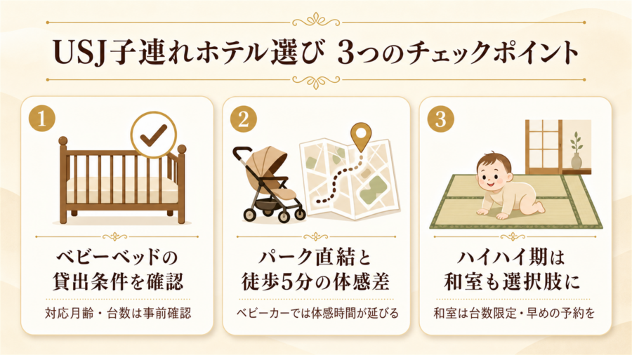 USJ子連れホテル選びで失敗しない3つのチェックポイントの比較図解
