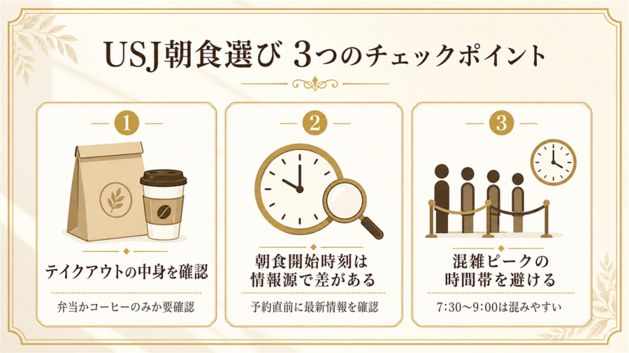 開園ダッシュ組の朝食選びで失敗しない3つのチェックポイントの比較図解