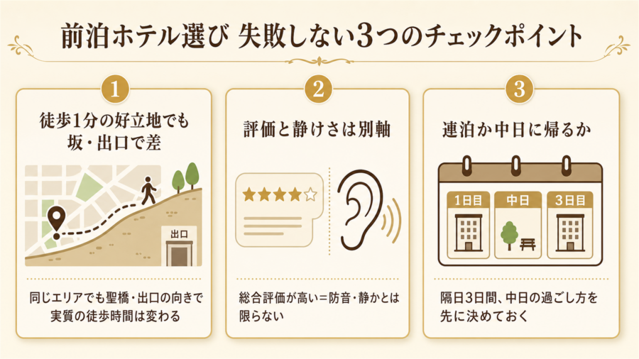 お茶の水エリア前泊ホテル選びで失敗しない3つのチェックポイントの比較図解