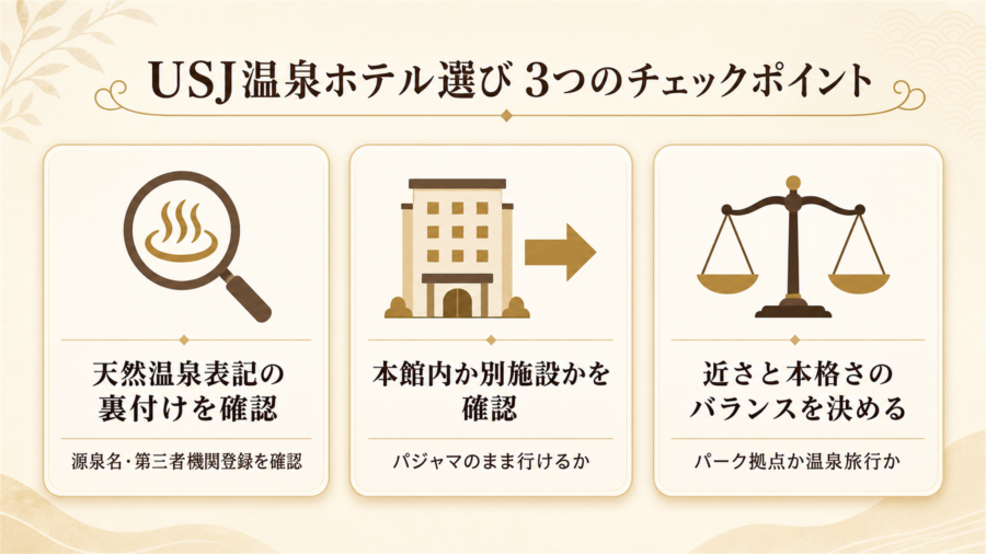 USJ周辺の温泉ホテル選びで失敗しない3つのチェックポイントの比較図解