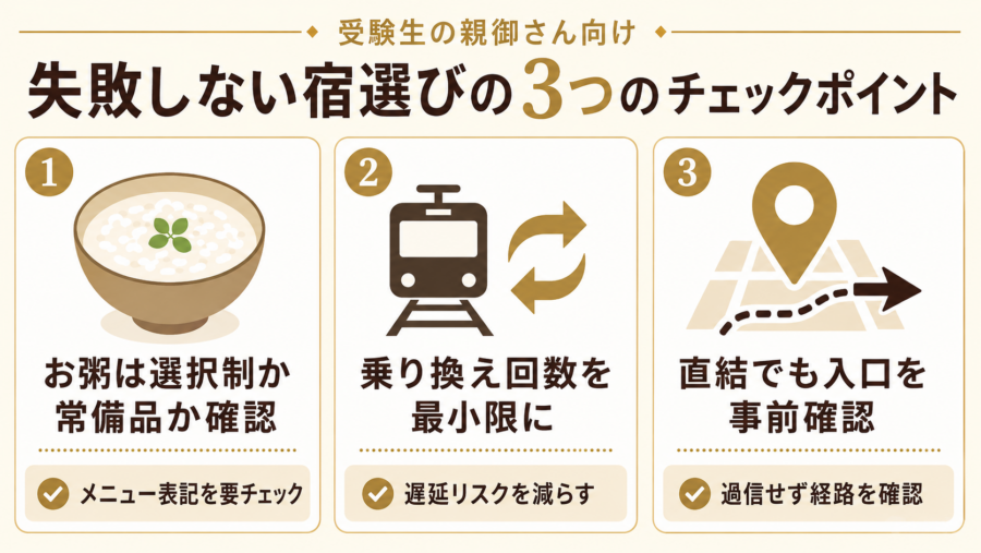 受験生の親御さん安心の宿選びで失敗しない3つのチェックポイントの比較図解