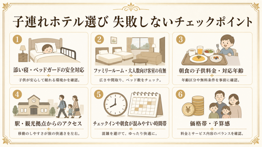 子連れホテル選びで失敗しないチェックポイントの比較インフォグラフィック