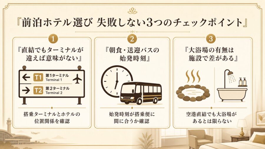 羽田空港前泊ホテル選びで失敗しない3つのチェックポイントの比較図解