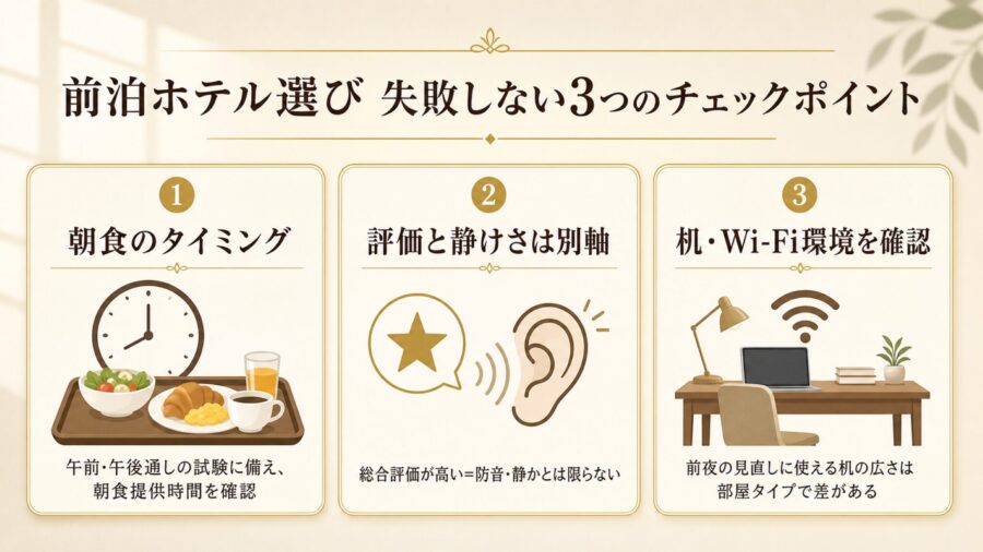 早稲田キャンパス前泊ホテル選びで失敗しない3つのチェックポイントの比較図解