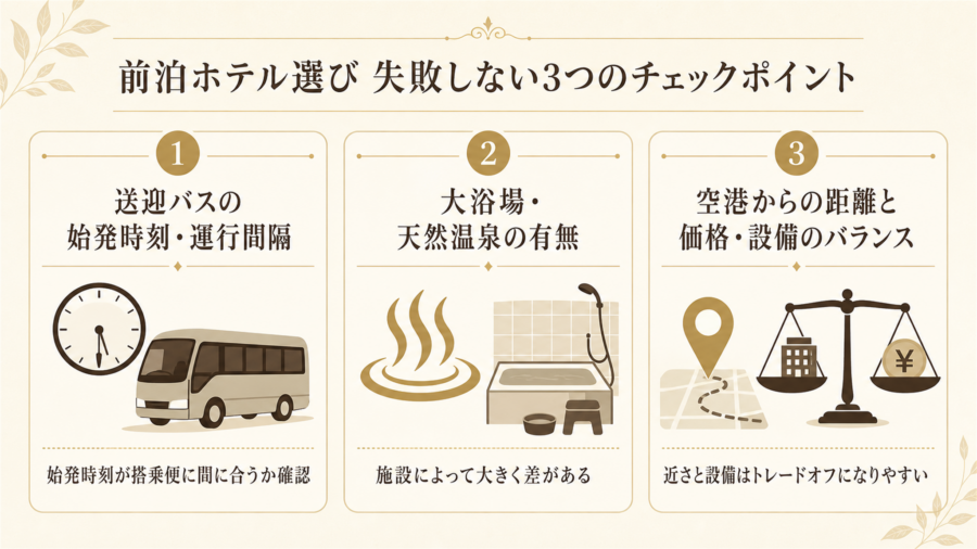 成田空港前泊ホテル選びで失敗しない3つのチェックポイントの比較図解