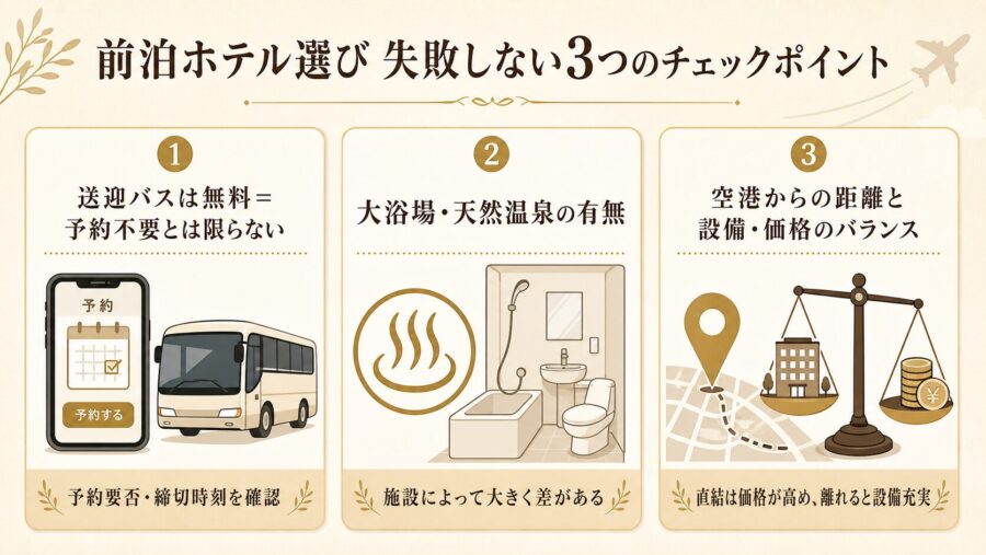 関西空港前泊ホテル選びで失敗しない3つのチェックポイントの比較図解