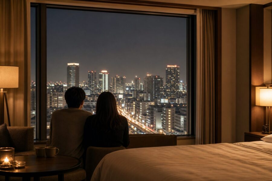 A calm, upscale image evoking the afterglow of a concert trip in Osaka