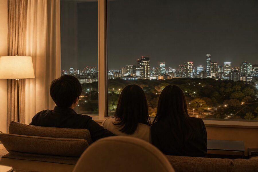 A calm, upscale image evoking the afterglow of a concert trip in Osaka
