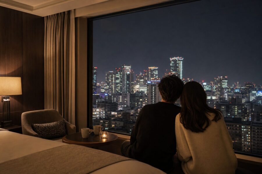 A calm, upscale image evoking the afterglow of a concert trip, overlooking the Nagoya night skyline