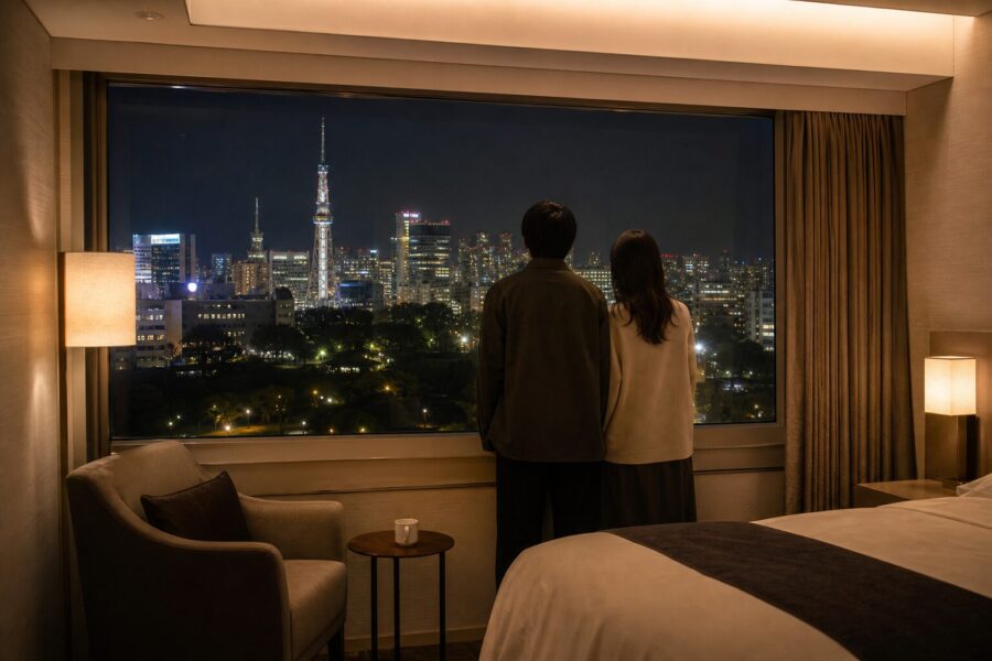 A calm, upscale image evoking the afterglow of a concert trip, overlooking the Nagoya night skyline