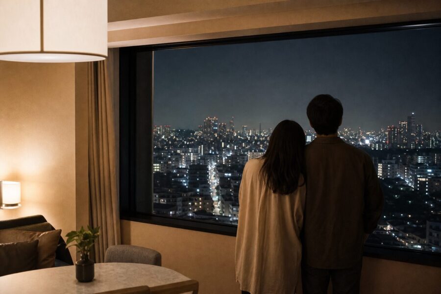 A calm, upscale image evoking the afterglow of a concert trip near Saitama Super Arena