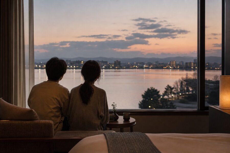 A calm, upscale image evoking the afterglow of a concert trip near Belluna Dome
