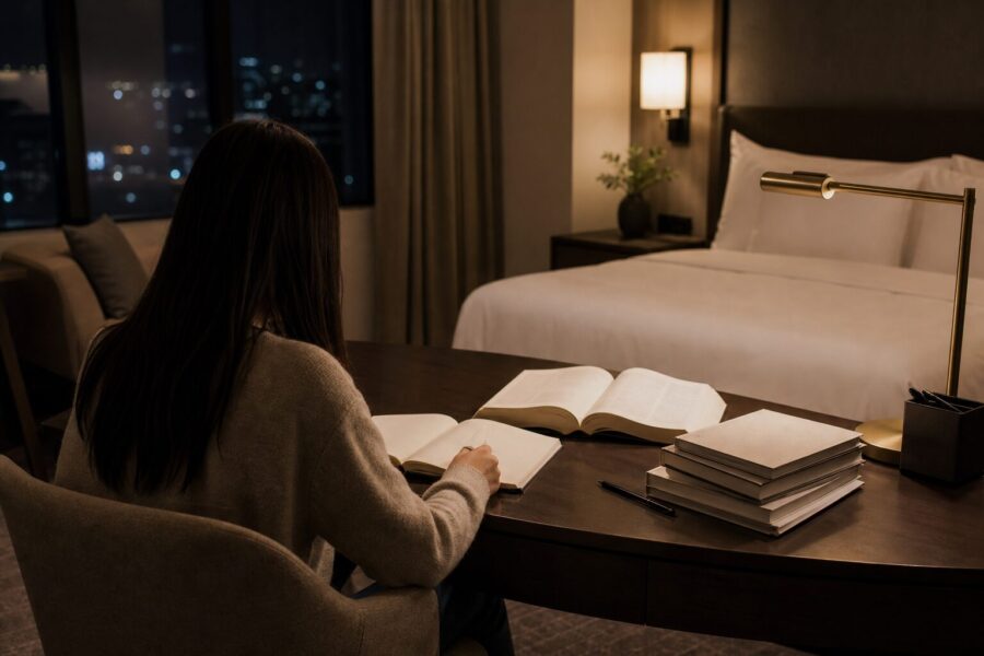 試験前夜、静かな客室で最後の見直しをする落ち着いた雰囲気のイメージ