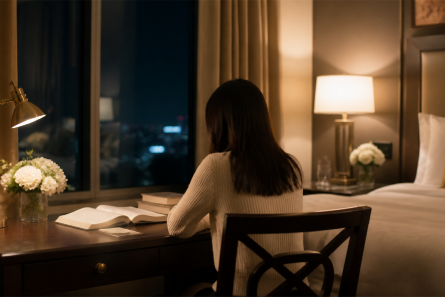 試験前夜、静かな客室で最後の見直しをする落ち着いた雰囲気のイメージ