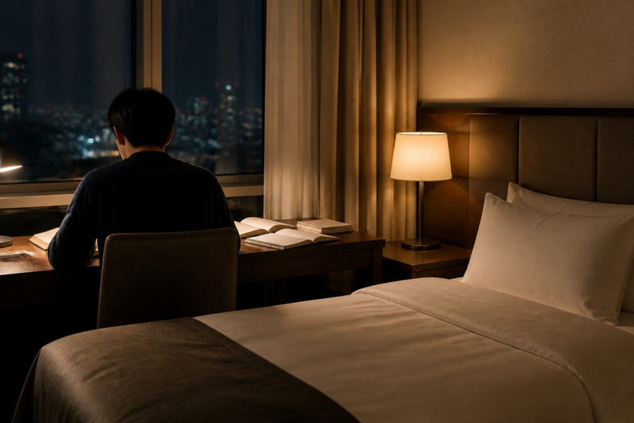 試験前夜、静かな客室で最後の見直しをする落ち着いた雰囲気のイメージ